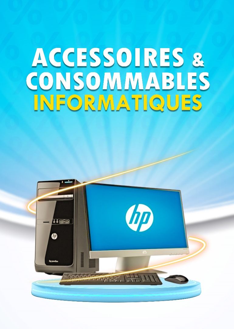 Flyer promotionnel de Computers Village : ordinateur de bureau HP avec l’intitulé « Accessoires & consommables informatiques »